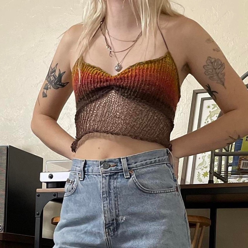 Handmade boho crochet festival cropped halter top